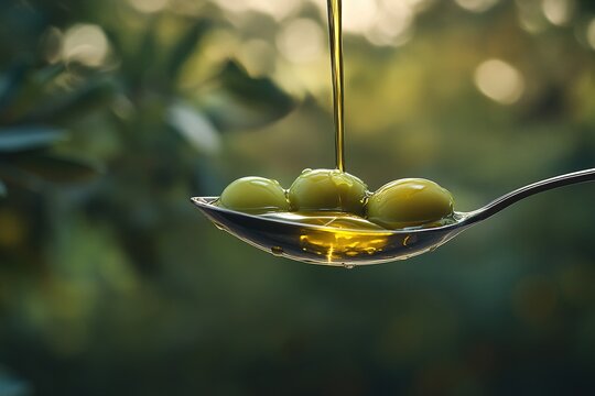 A spoonful of olive oil  dripping onto three oli