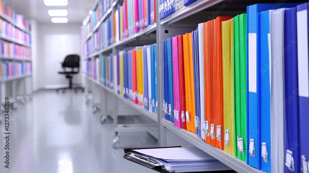 Poster a neat row of brightly colored file folders on shelves in a modern office setting, with a chair in t
