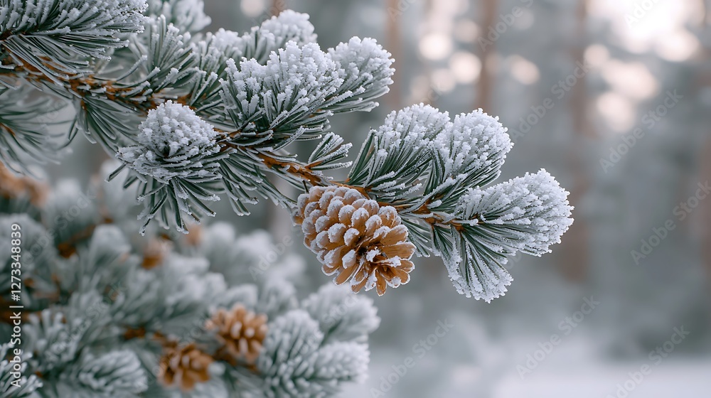Poster frost-covered pine branch with cone in winter forest background for nature photos