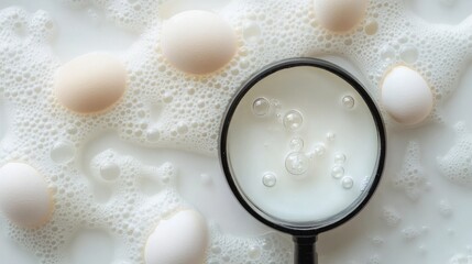 Eggs and foam examined with a magnifying glass.