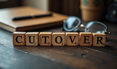 A close-up view of wooden letter blocks spelling CUTOVER, with a blurred background of a notebook and glasses, symbolizing project management or transition phases.