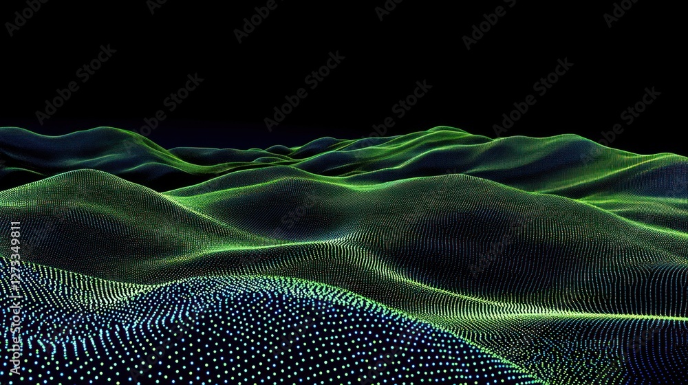 Poster abstract green digital landscape: a mesmerizing visualization of data points forming undulating hill