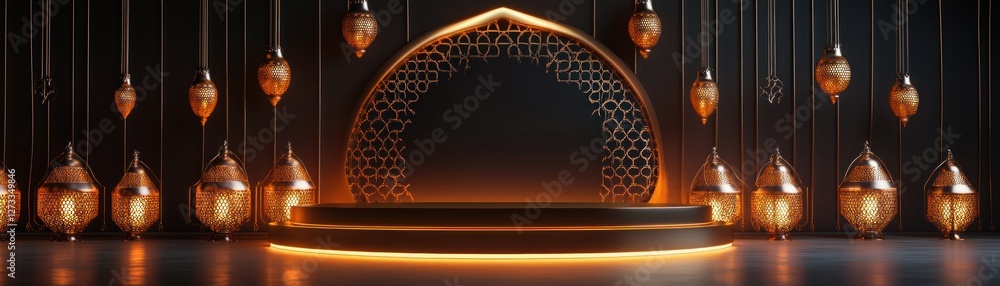 Poster Elegant podium with illuminated arches and hanging lanterns