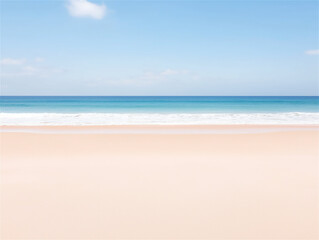 Fototapeta premium A serene beach scene with golden sand and clear blue skies, perfect for travel, relaxation, or vacation themes. Ideal for warm weather promotions.