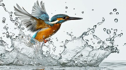 Obraz premium Kingfisher diving in motion, streamlined body, vibrant colors frozen against a pure white backdrop, precise and detailed.