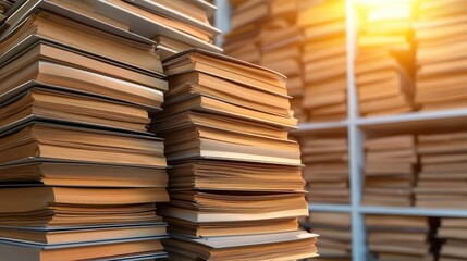 Fototapeta premium A warm-toned image of stacked books, showcasing their textured spines and pages in a cozy, well-lit library setting.A close-up of medical records in a file cabinet, focusing on the various files and d
