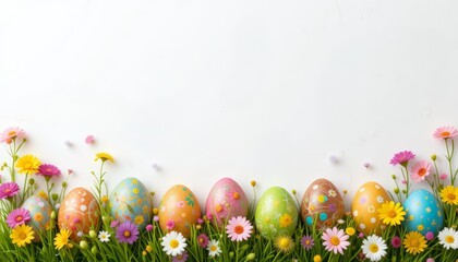 Fototapeta premium A colorful display of decorated Easter eggs in a grassy field of flowers, evoking a festive spirit perfect for holiday media, craft projects, or family gatherings.