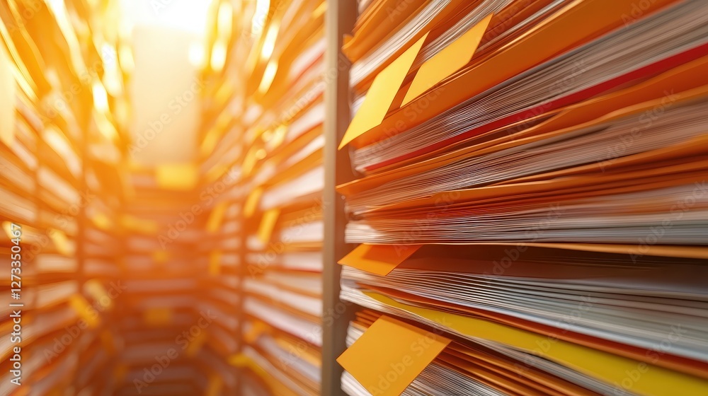 Poster a vibrant view of stacked files and paperwork, illuminated by soft light, creating an organized yet 