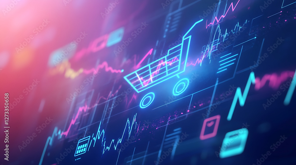 Poster a digital illustration featuring a shopping cart icon integrated with graphs and data analytics, rep