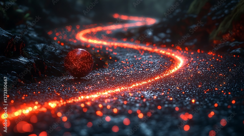 Poster glowing path with orb leading through dark forest, creating a magical mystical atmosphere