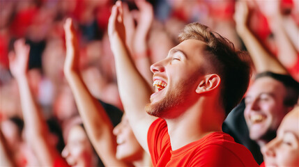 Obraz premium Excited sports fans cheering in a stadium, dressed in red, with joyful expressions, celebrating a thrilling moment of victory.