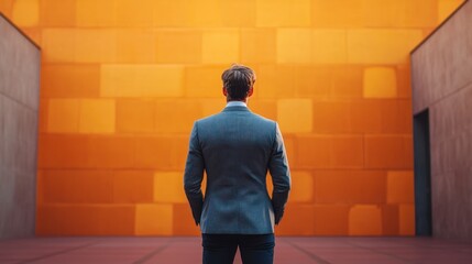 Contemplation: A businessman stands before a vibrant orange wall, lost in thought, pondering future prospects and opportunities.