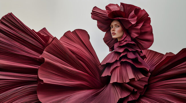 Fashion editorial Concept. Freckle woman of high fashion couture tulle flowing conceptual and pleats petal like maroon deep red bridal angel dress and headgear hat. copy text space	
