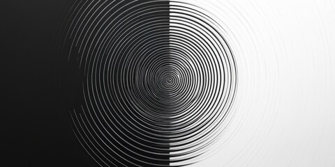 Intimate close-up of a black-and-white circular motif. Symmetrically arranged concentric circles form an intricate, harmonious spiral. Each circle is precisely spaced, crafting a mesmerizing visual rh