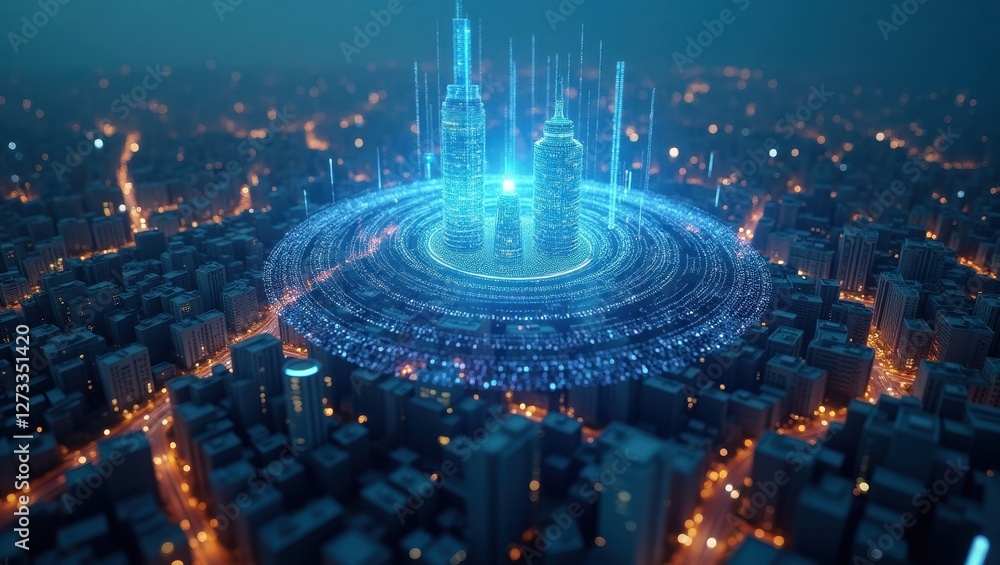 Aufkleber exploring the futuristic skyline with agentic ai technology illuminating city structures in a vibran