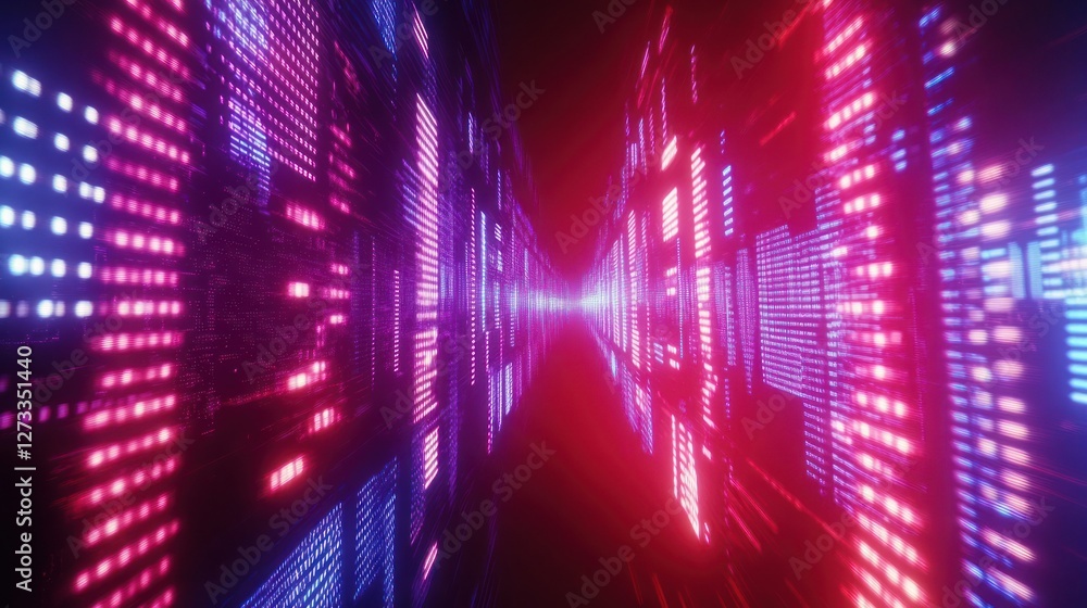 Poster neon data stream: digital tunnel of light and code