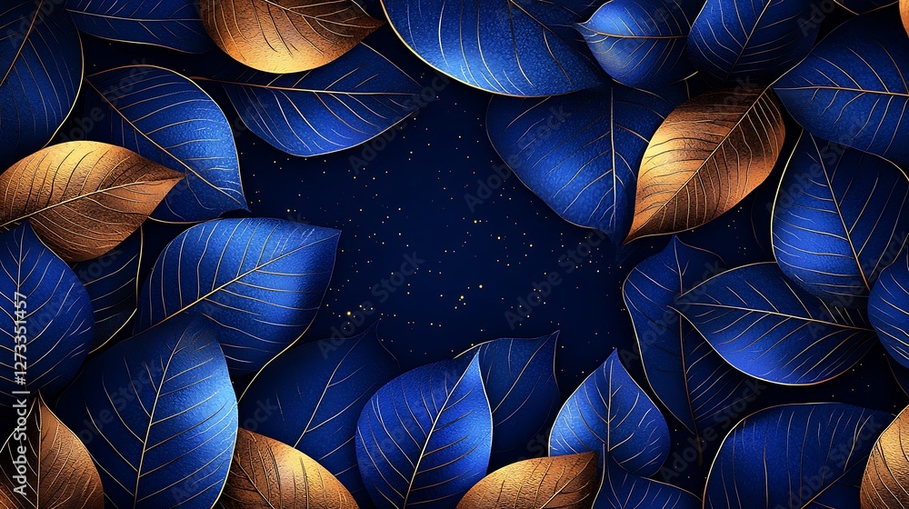 Poster golden and blue leaves creating a beautiful design on a dark background for presentations