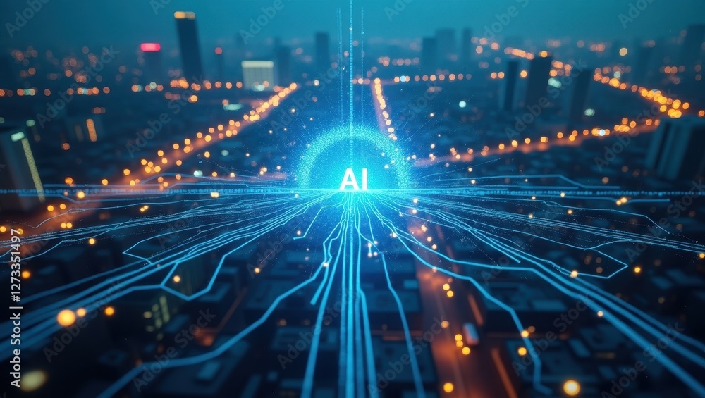 Poster understanding the impact of agentic ai in urban environments with a digital cityscape illuminated by