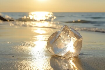 A rare crystal-like stone shimmering in sunlight on a quiet beach