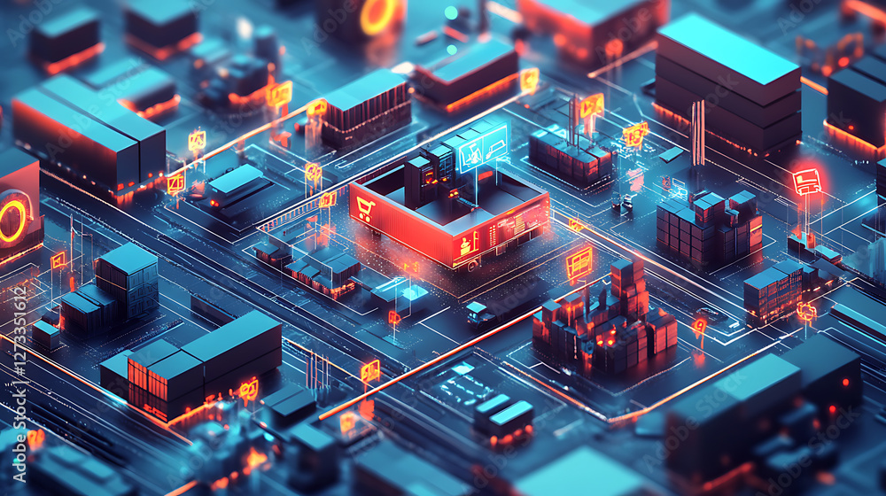 Poster a vibrant, futuristic representation of a networked cityscape with glowing elements and interconnect