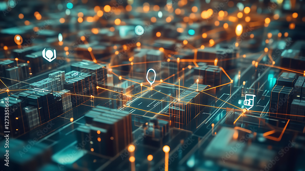 Poster a futuristic digital cityscape with interconnected nodes, glowing lines, and technology icons repres