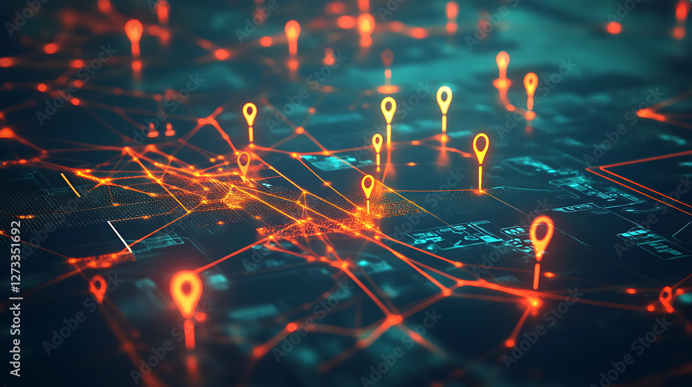 Poster a digital map with glowing location markers in orange and yellow, indicating various points of inter