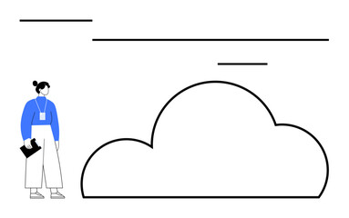 Woman holding clipboard, standing beside large cloud outline and horizontal lines. Ideal for technology, cloud computing, data storage, business planning, IT services, project management, digital