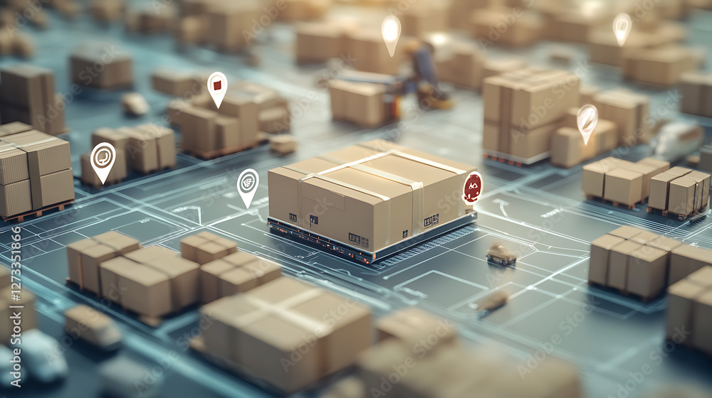 Poster a digital representation of a logistics hub with stacked boxes, location pins, and a grid layout, em