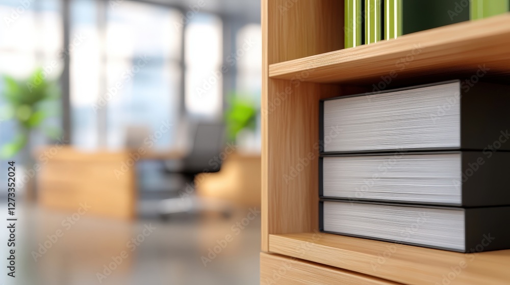 Poster a close-up of a bookshelf with neatly organized books, set in a modern office environment featuring 