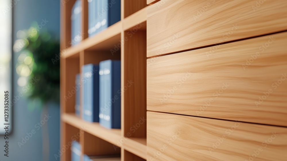 Poster a close-up view of a wooden bookshelf showcasing neatly arranged books, highlighting the texture and