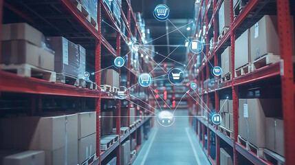 Fototapeta premium A modern warehouse filled with boxes, showcasing digital connectivity and inventory management through holographic interfaces.