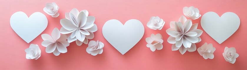 White paper hearts and flowers on pink background