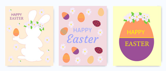 Easter greeting cards with a bunny silhouette, floral decorations, colorful eggs, pastel backgrounds, and festive text.