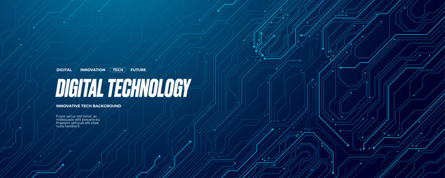 Abstract circuit board wires in light blue on dark navy technology background. AI banner concept. Futuristic Artificial Intelligence tech bg. Digital line pattern. Computer Vector illustration.
