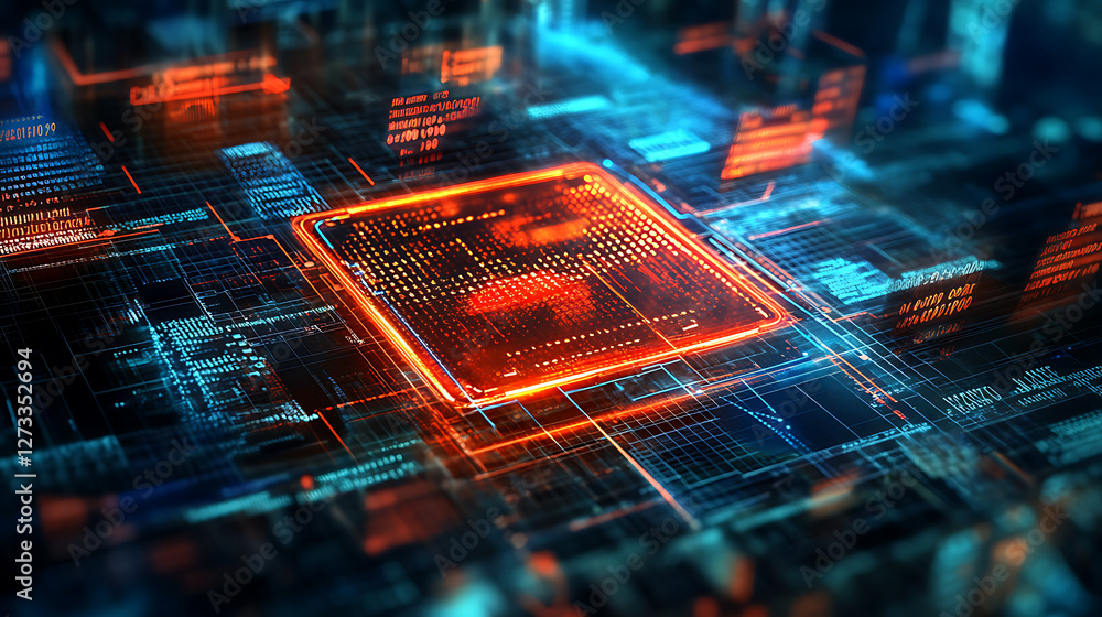 Aufkleber a vibrant digital circuit board featuring a glowing orange microchip at the center, surrounded by in