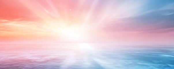 Obraz premium A dreamy pastel gradient from baby blue to pale peach, with glowing light beams and a misty horizon for a magical atmosphere