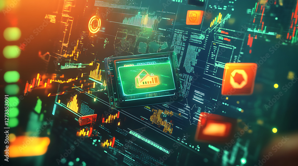 Poster a vibrant digital interface featuring various icons and indicators, highlighting technology and data