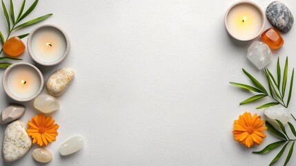 A serene flat lay of candles, stones, and flowers, perfect for relaxation and mindfulness.