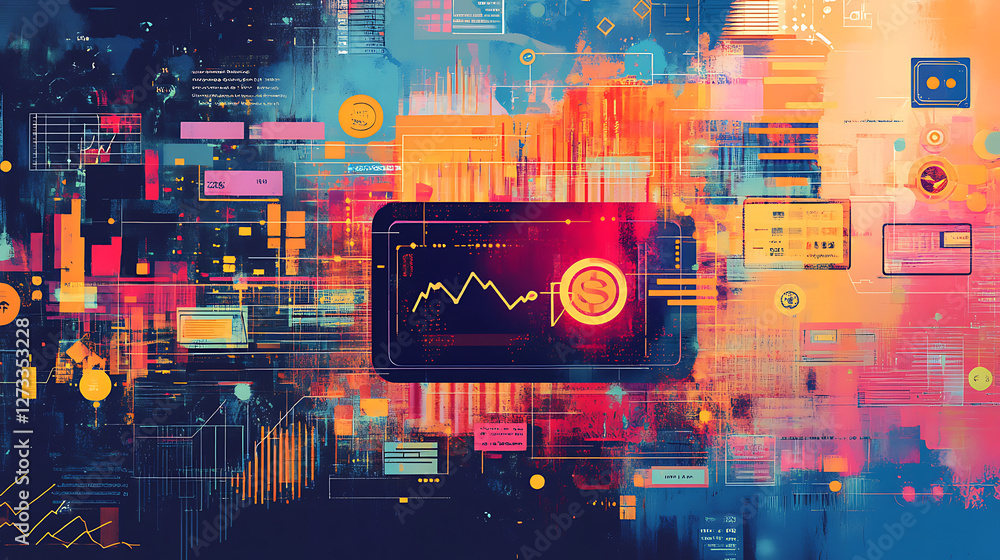 Poster a vibrant digital illustration featuring a smartphone displaying financial graphs and data, surround