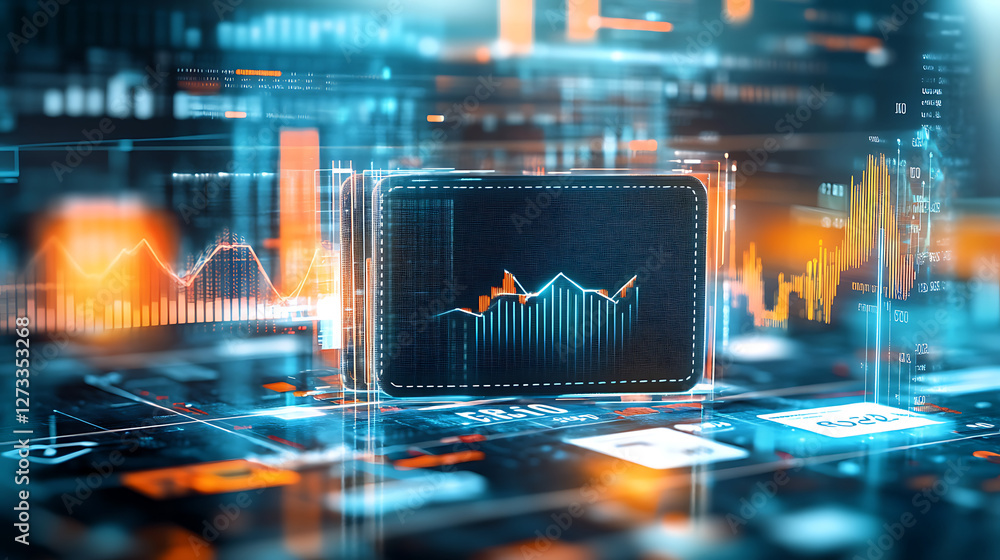 Aufkleber a futuristic digital dashboard showcasing financial graphs and data analytics in vibrant colors.
