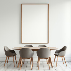 Interior of modern dining room, dining table and chairs against white wall with empty frame. 3d rendering 