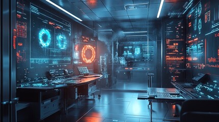 A futuristic lab with glowing holographic medical equipment, symbolizing advanced healthcare 