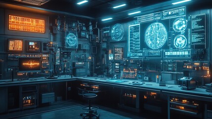 A futuristic lab with glowing holographic medical equipment, symbolizing advanced healthcare 