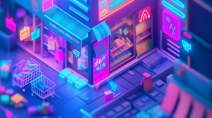 A vibrant, neon-lit street scene showcasing a miniature shop with colorful signs and carts, evoking a futuristic urban atmosphere.