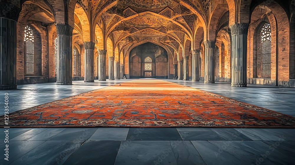 Poster Grand interior view of ancient mosque, empty rug with arched windows and columns. Uses Architecture