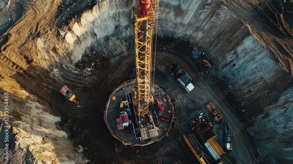 Poster a well drilling rig in the middle of a construction zone, with engineers on-site analyzing data and 