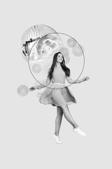 Photo creative collage poster picture of pretty cute lady have fun enjoy free time black white gamma isolated on drawing background