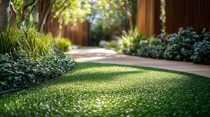 Fototapeta premium Green grass lawn and path in the garden, sunlight in the background, landscape for leisure