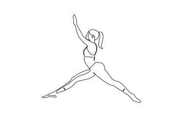 Woman Yoga Minimalist One Line Drawing. Woman Yoga Pose Line Art Trendy Illustration, Continuous one line drawing of beautiful female yoga pose character. woman doing yoga exercise.