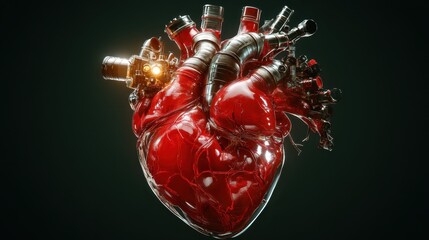 This captivating image reveals a vibrant red heart, paired with mechanical elements that represent the fusion of life and technology, evoking deep emotional connections.
